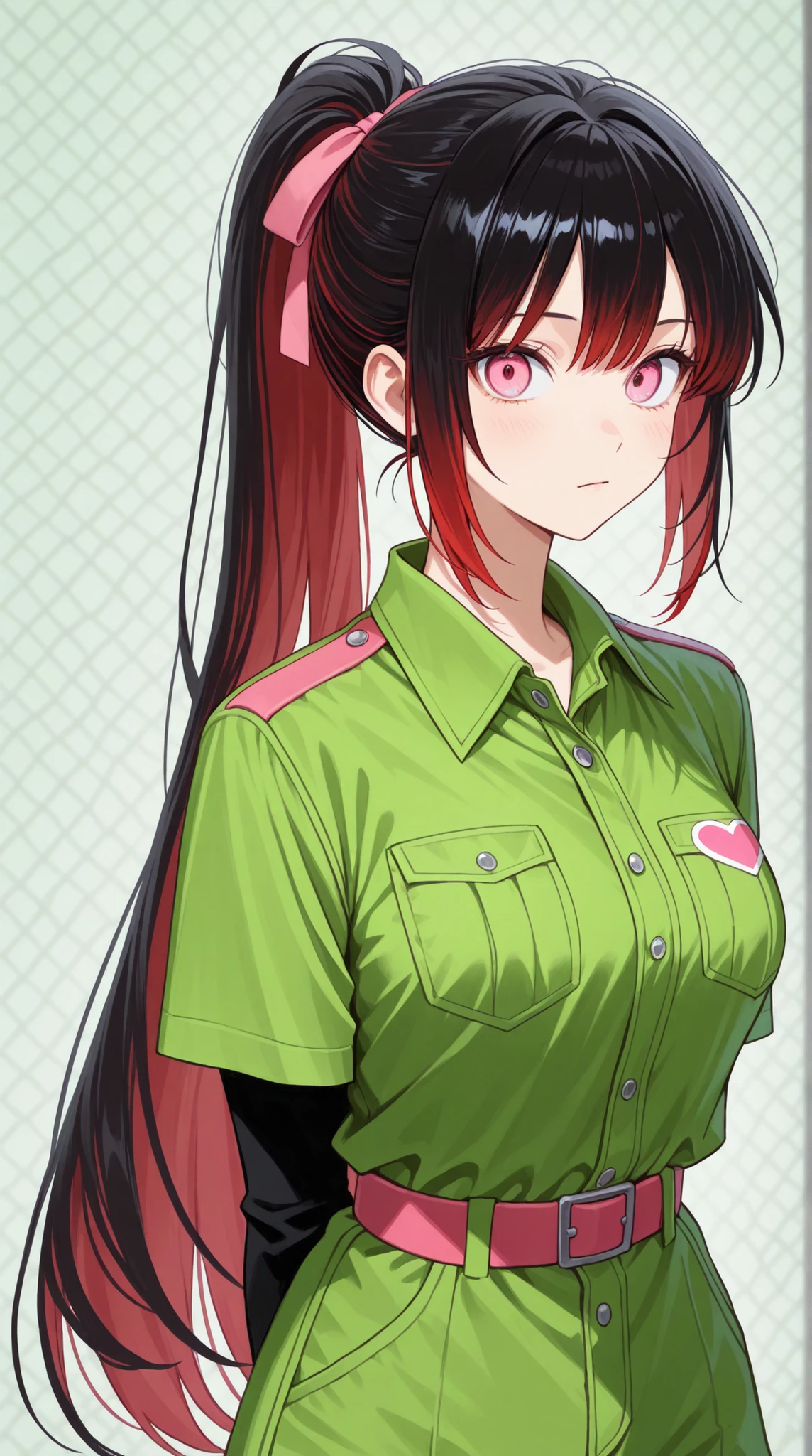 female, black hair ponytail,Red hair elastic, with a clean face, sharp pink eyes,    Fresh green hill