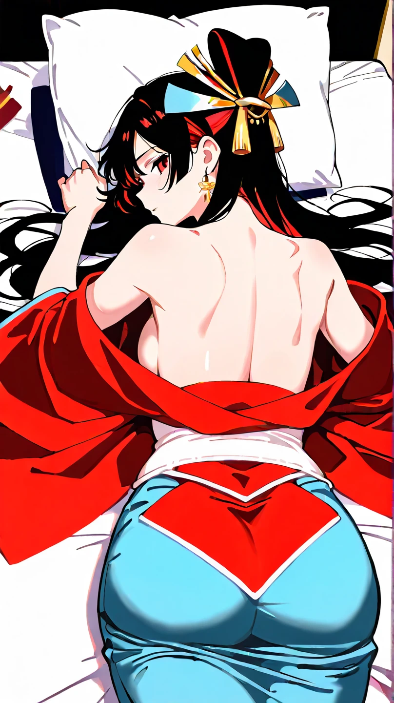 wavy black hair, piercing look with deep red eyes, average stature, Silky hair with a ponytail hairstyle collected with a red bow with two white lines., lying in her bed ,unclothed , has a vagina, has breasts,NSFW, poses perverteds, lustful look, perverted, wearing a top, wearing a mini skirt, you can see her underwear under her skirt, showing my ass to the camera, transparent lingerie panties 
