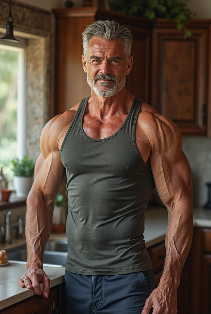 A mature white man in his fifties, standing posing and flexing his muscles, full body, acting as a boss with a disgusting but intriguing aura, sporting an open shirt that reveals his muscular physique, His hairy chest is adorned with a bulge prominent and wears a thong that accentuate her gentle but dominant presence. The scene takes place in a brightly lit bedroom where cinematic lighting highlights every detail, creating a warm and captivating image with ultra-high resolution, the best shadow detail and RAW photographic quality, emphasizing the complexities of the character of man. The image has a neutral color palette, which contributes to the overall feeling of maturity and sophistication.
