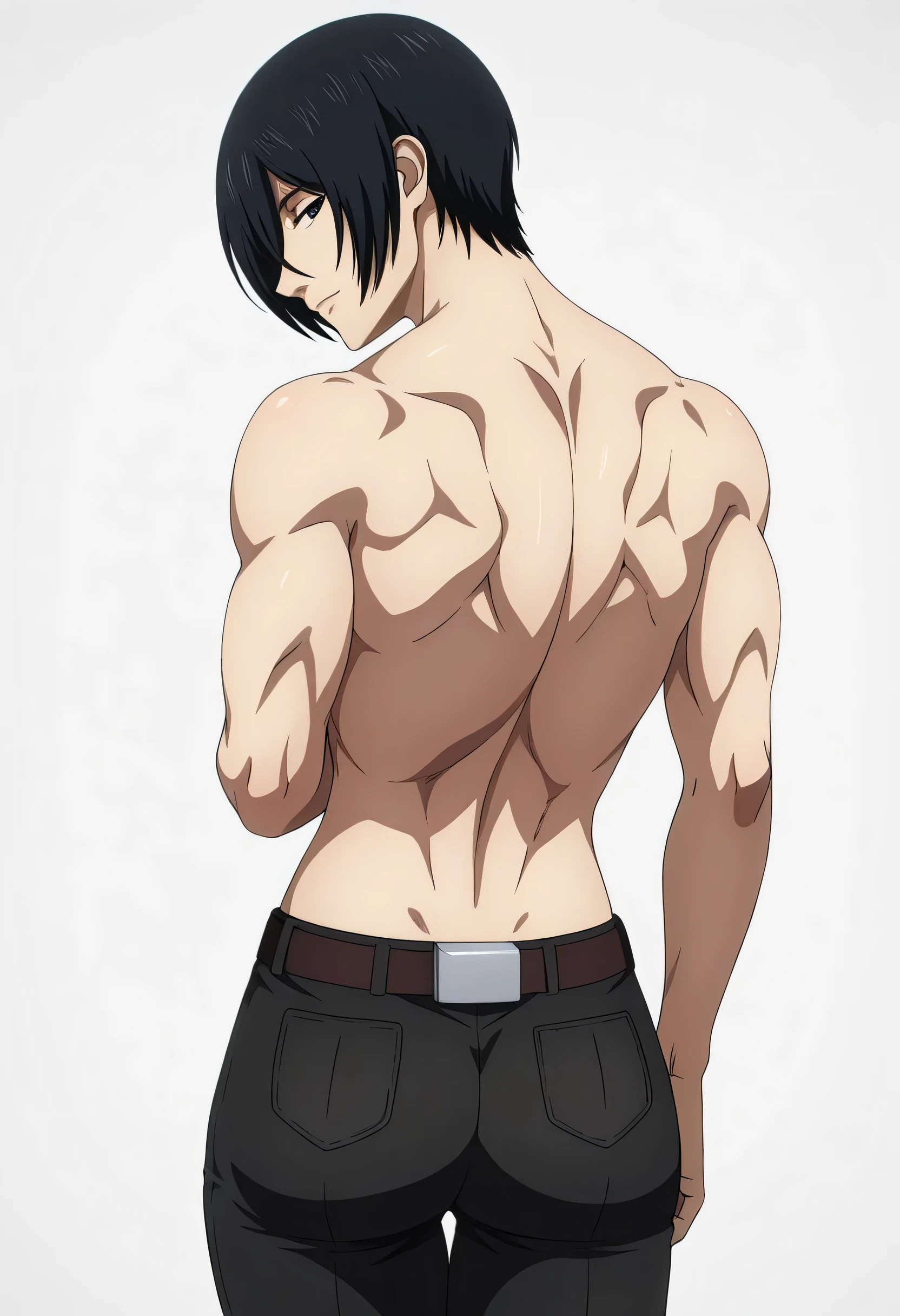 anime coloring, anime screencap, mikasa ackerman, 1girl, solo, short hair, black hair, towards viewer, badass, closed mouth, naked back, , belt, black pants, sleeping back, cowboy shot, looking at viewer,, white background, simple background, masterpiece, best quality, highres, very aesthetic, very awa, newest, amazing details, intricate details, ultra detailed,six-pack,bluge between mikasa legs indicates that she have non erect penis,tone six-pack,lean,Matching design own anime,metal muscles designed,sexual pelvis muscles,mikasa handsome face,mikasa princes face,serratus anterior muscles,light smile,mikasa sexual energy enough to do 50 orgasms,sporting body,mikasa love internet is females,back tilted backward,upper back,athletic back,sexy back