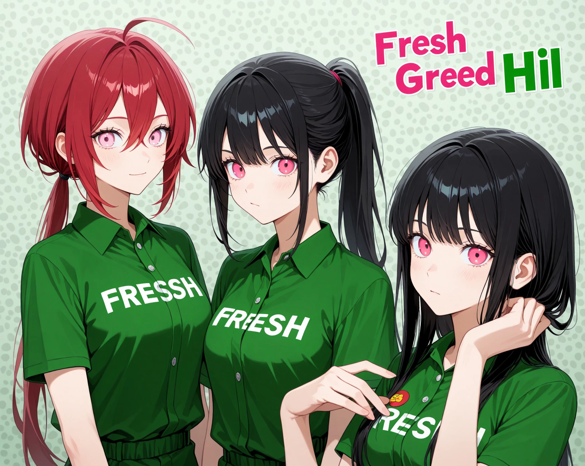 female, black hair ponytail,Red hair elastic, with a clean face, sharp pink eyes, Fresh green hill