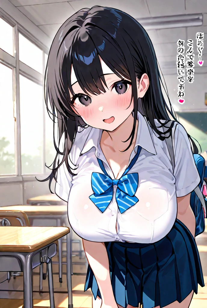 (Pieces fly, Highest quality, High resolution, Ticker, Pixel perfect, Depth of written border, In 4K),
1 Girl, alone, , Beautiful Anime Girls,
View your viewers,
Perfect body,
Kind Girlfriend Short Hair, Black Hair, Pink Eyes,
smile, Open your mouth, blush,
JK Huge , White shirt, big , Blue Ribbon,
classroom,
throw, Close-up shot, Twin tails