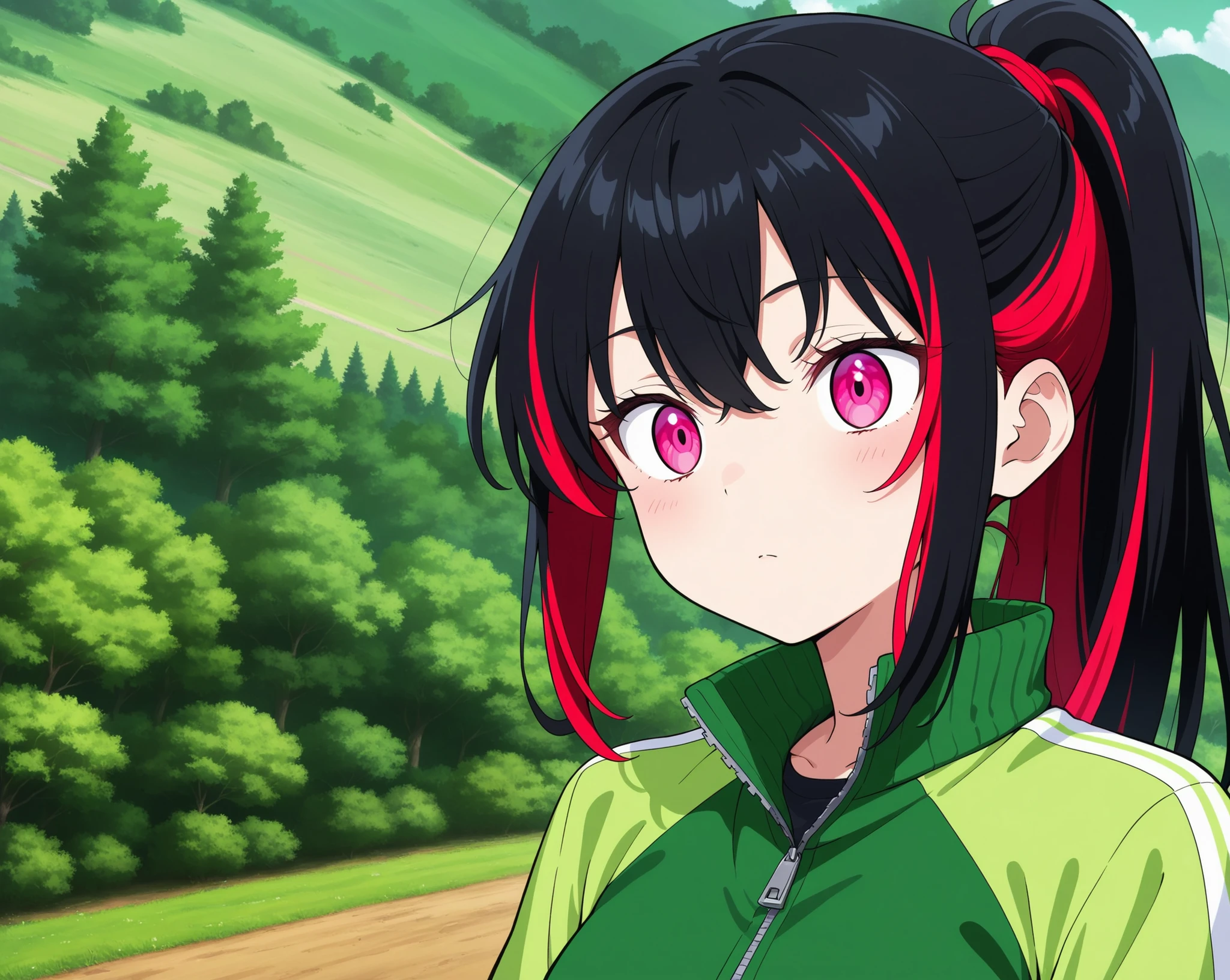 female, black hair ponytail,Red hair elastic, with a clean face, sharp pink eyes, Fresh green hill