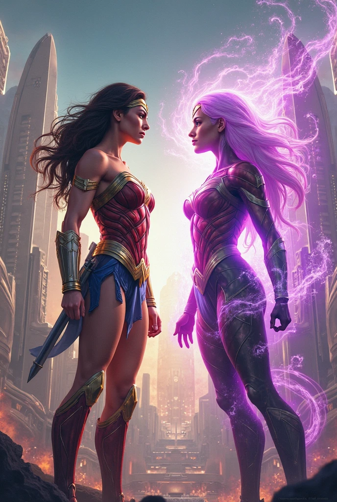 Wonder Woman, with her iconic armor and lasso of truth, standing confidently in a dynamic pose. She's facing Hypnotia, a villainess with mesmerizing eyes and a swirling, colorful aura around her. The background could be a dramatic cityscape, with flashes of light and energy as they engage in an epic battle
