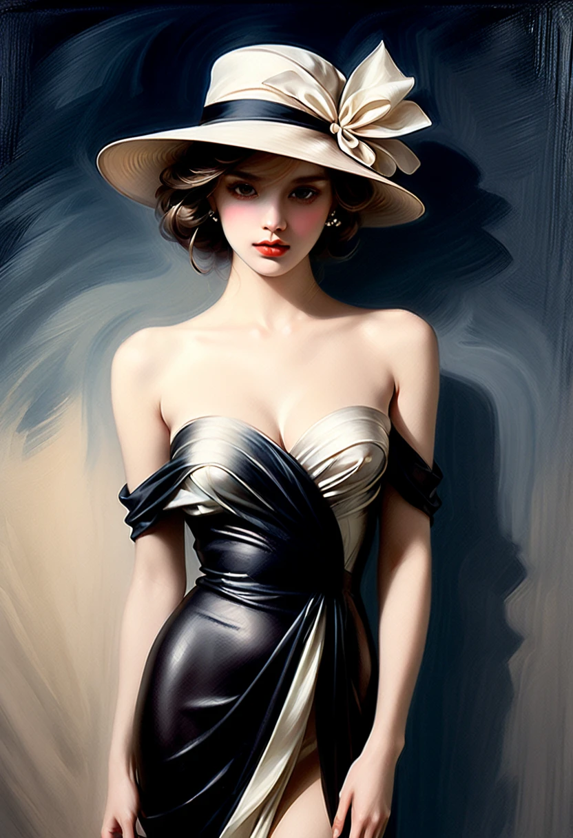 Outlined with black ink,smooth lines,Show the characters' expressions and postures through the contrast of ink shades,The background is minimalist,Emphasis on light, shadow and space。wearing white hat、drawing of woman in black dress, fine art piece, CGSociety's Hot Topics, figurative art, style of Jeremy Mann,fully dressed. sexy painting, Wallop |, Ryan Hewitt, Jeremy Mannart