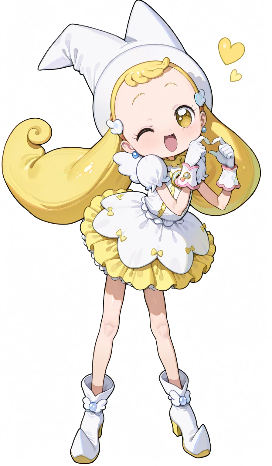 BlueBorscht Style, rating: safe, full body, 
1girl, flat chest, little toddler, thin limbs, glistening body, shiny skin,
 (hanawitch:1.5), (yellow frills:1.5), hat, gloves, (white headwear:1.2), jewelry,earrings, white gloves, (white boots:1.1), (white and yellow footwear:1.5), dress, magical girl, puffy sleeves, short sleeves, wings, skirt,
 wink, cute pose, heart finger, Leaning forward, 
 magical background, 