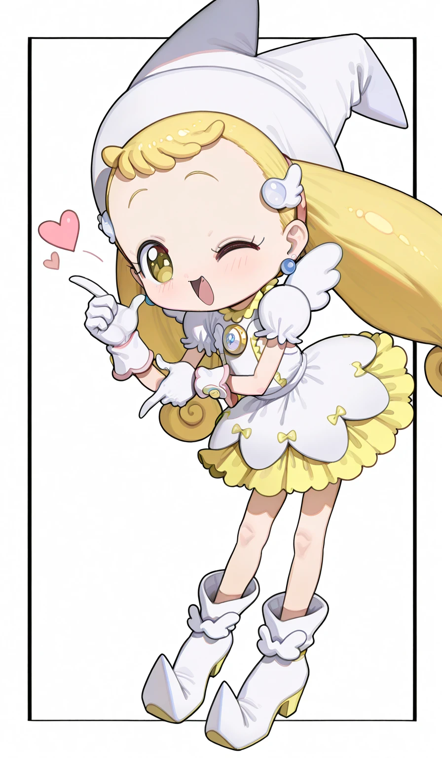 BlueBorscht Style, rating: safe, full body, 
1girl, flat chest, little toddler, thin limbs, glistening body, shiny skin,
 (hanawitch:1.5), (yellow frills:1.5), hat, gloves, (white headwear:1.2), jewelry,earrings, white gloves, (white boots:1.1), (white and yellow footwear:1.5), dress, magical girl, puffy sleeves, short sleeves, wings, skirt,
 wink, cute pose, heart finger, Leaning forward, 
 magical background, 