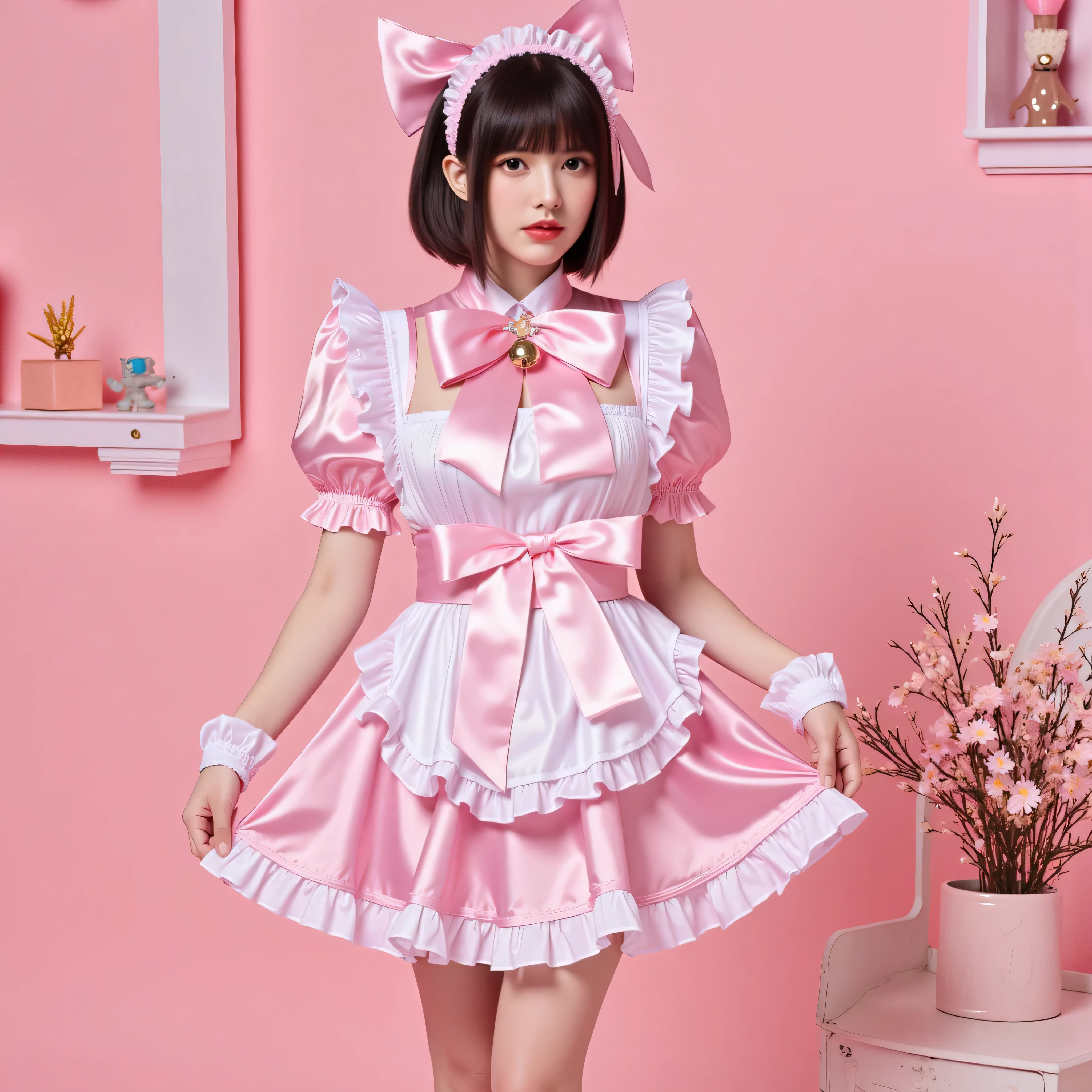 best quality、very shiny silk pink maid clothes with lots of extremely large ribbons、extremely short micro mini skirt、Extremely large pink ribbon with a bell around the neck、Extremely large pink ribbon tied at the back of the waist、EXTREMELY BIG PUFF SLEEP、 white garter belt and over the knee socks 、high heels with pink bow、flushed cheeks、troubled expression、is in a hurry、Big Breasts、headband with large pink ribbon、no bra、Straight Short Hair、 Slim、Hold a short skirt in front of your body、low angle