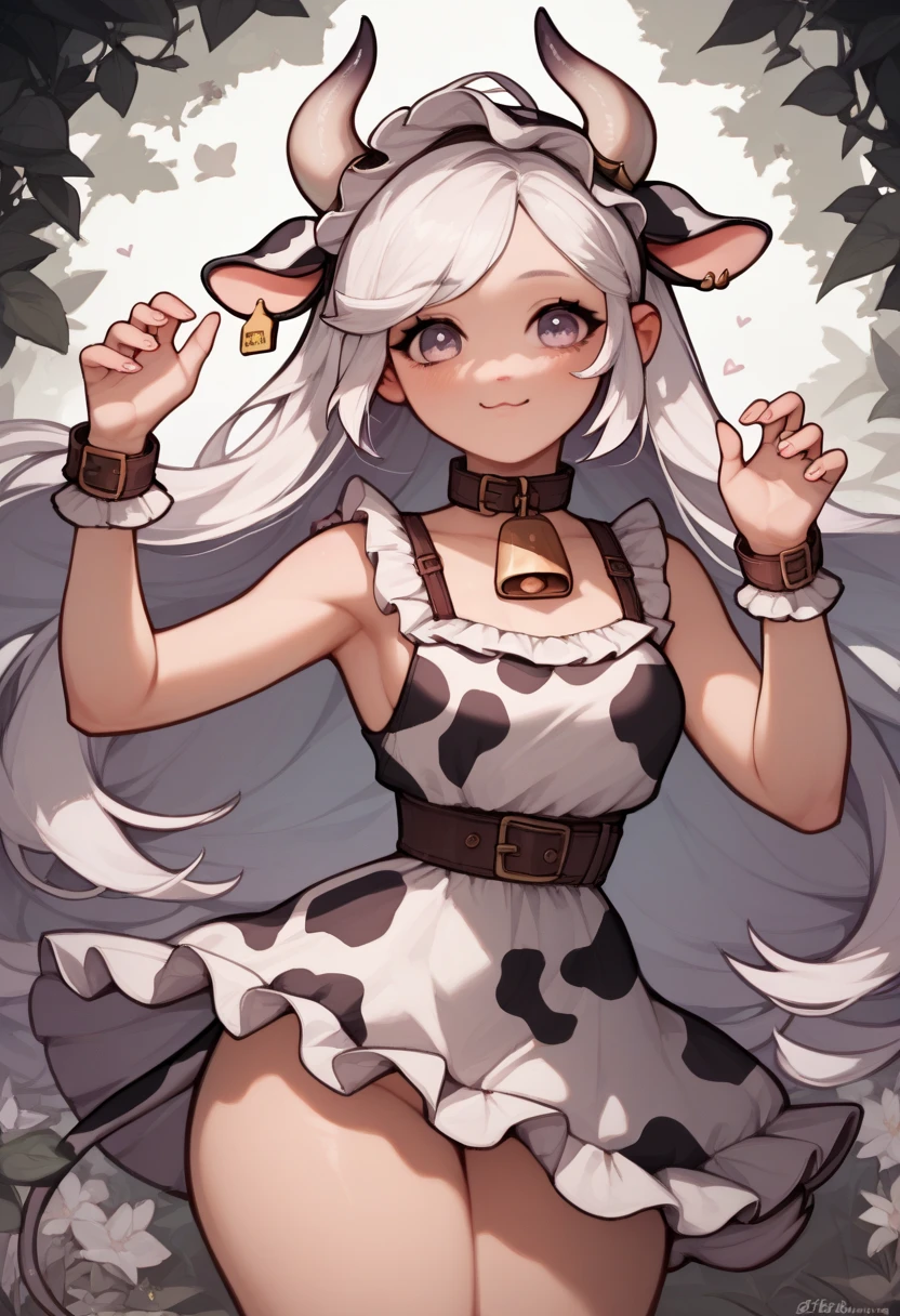 White long hair girl black eyes blush face wearing cow printed bodysuit tight cow printed bodysuit socks and have golden collar
