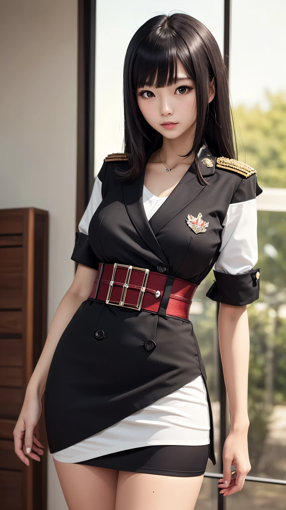 pkwhiteguard, uniform, 1girl, skirt, red hat ,adult, cosplay, black uniform, ,, (masterpiece, best quality), intricate details, 8k, artstation, wallpaper, official art, splash art, sharp focus <lora:drozd-000004:1> large breasts
