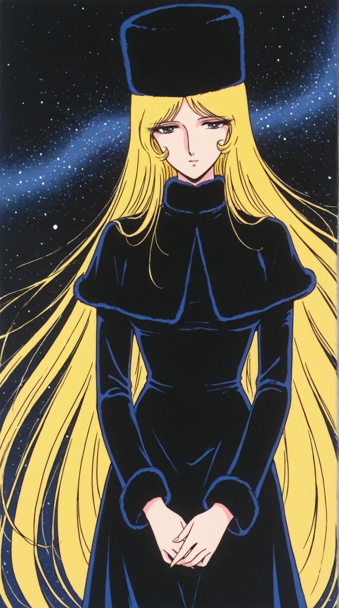 Maetel, retro style, 1980s, flat color, zPDXL, best quality, amazing quality, score 9, 1girl, black clothes, space, flowing hair, hands out, fur hat,