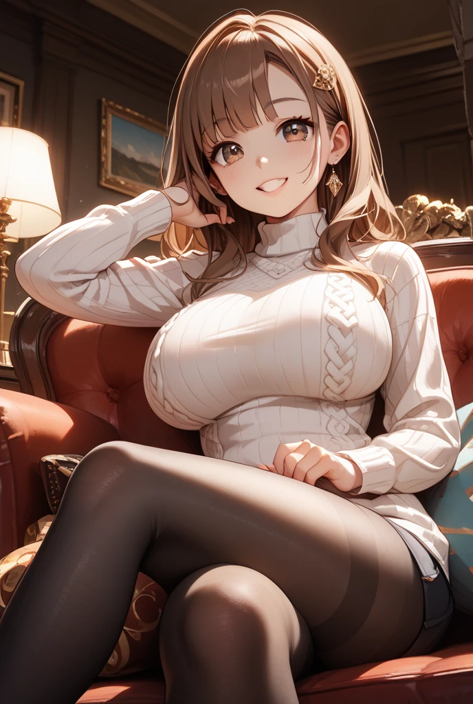 highest quality、All limbs、full finger、brown haired woman、short hair woman、(big breasted woman:1.5)、((Slender beauty))、1 female、(((A woman wearing a light brown sweater:1.3))), ((A woman wearing a black flared skirt))、(((woman wearing brown pantyhose)))、big smile、sexy pose