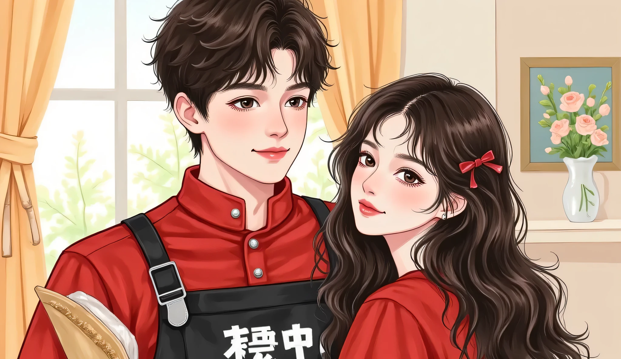 A semi-realistic manhwa-style illustration, close-up of a couple. The male lead is wearing a food delivery uniform (fast food delivery style), red and black colors, casual modern look. The female lead has long dark hair, pale skin, Douyin-style makeup, and is wearing comfy loungewear. Both have expressive eyes. Background shows a soft dreamy scene, like a visualization of someone's thoughts or memories. Slight blur in the background, warm indoor lighting, Korean webtoon romantic vibe.