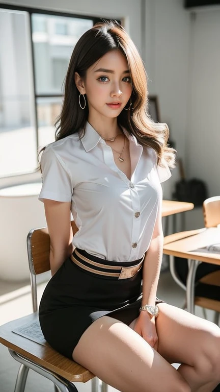 (Best Quality, 8K, masutepiece, ultra-HD: 1.3), 1girll, tiny boobs ,Light-brown hair, Blunt bangs, hair behind the ears, hair over shoulder, Long hair, Slender body type, Ultra-fine face, Detailed lips, beautidful eyes, Double eyelids, Lipstick, Thin blush ,Green Eyes ,perfect shiny skin,Flawless skin,white skinned,the sweat,A gaze that invites you, pectorals,Ultra-thin hands, super fine fingers, Collared Shirts, tight skirt , beauty leg ,Pumps. s Office