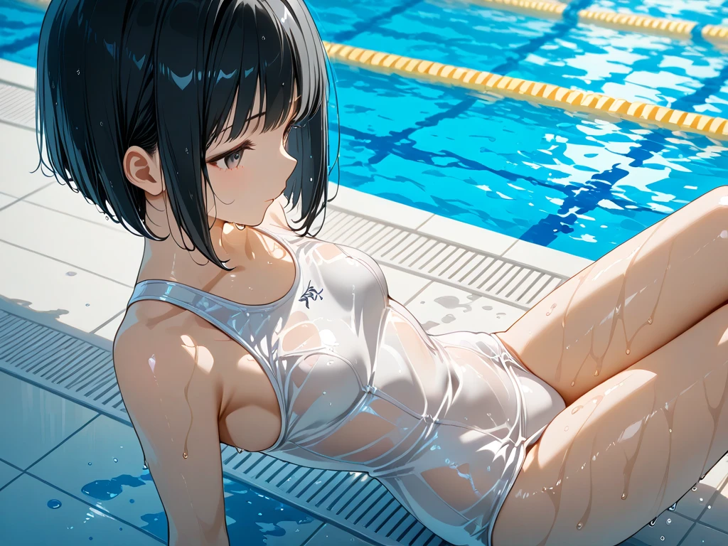 beautiful detailed eyes, beautiful detailed lips, extremely detailed eyes and face, longeyelashes, 1 girl, face close up, poolside,16 years old, sweat, dark skin color, (very short black hair),displeased, sulky, school swimsuit,dark blue color, school, sitting on the ground,spread legs,best quality, 4k, 8k, highres, masterpiece:1.2, ultra-detailed, realistic, photorealistic, photo-realistic:1.37, HDR, UHD, studio lighting, ultra-fine painting, sharp focus, physically-based rendering, extreme detail description, professional, vivid colors, bokeh, portraits