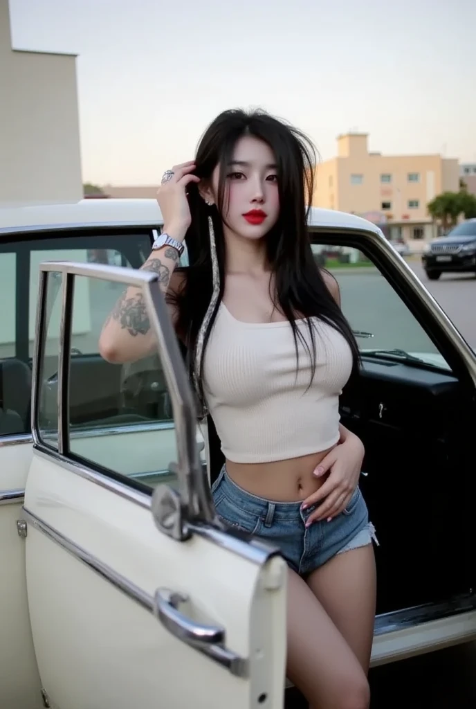 hyuna black hair with tattoos on her arm resting on bmw backseat car background