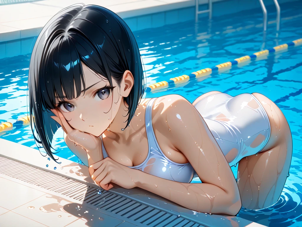((Top Quality)), ((Masterpiece)), ((Detail)), Perfect face, Perfact bodty, sitting on the swmming pool, listening to music, wearing headphones, wearing swimsuits, swimsuits are transparent, legs open Sitting wide open, wearing tight clothing (yes, buttocks and breasts are exposed). I see a face, one women