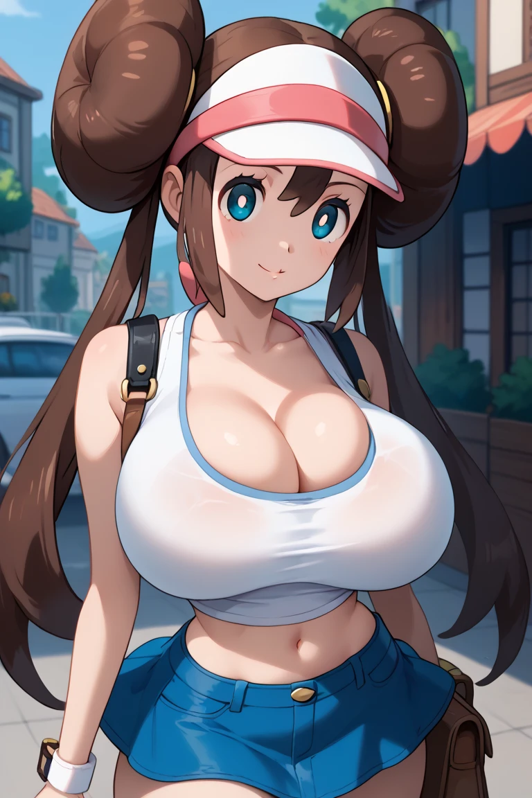 Perfect CG unity 8K UHD wallpaper(american girl, huge breasts, hilda pokemon, white baseball cap, high ponytail, long hair, vibrant glowing blue eyes, long detailed eyelashes) smiling sexy seductive facial expression, blushing, thick thighs, standing in a dynamic pose, perfect masterpiece, best quality, best resolution, denim shorts, denim, booty shorts, micro short, wristband, sleeveless, white croptop, sleeveless shirt, collarbone, bursting breasts, outdoors, city park, cleavage, ((BEtorn)), ((torn clothes, torn shirt, torn shorts)), wide hips,