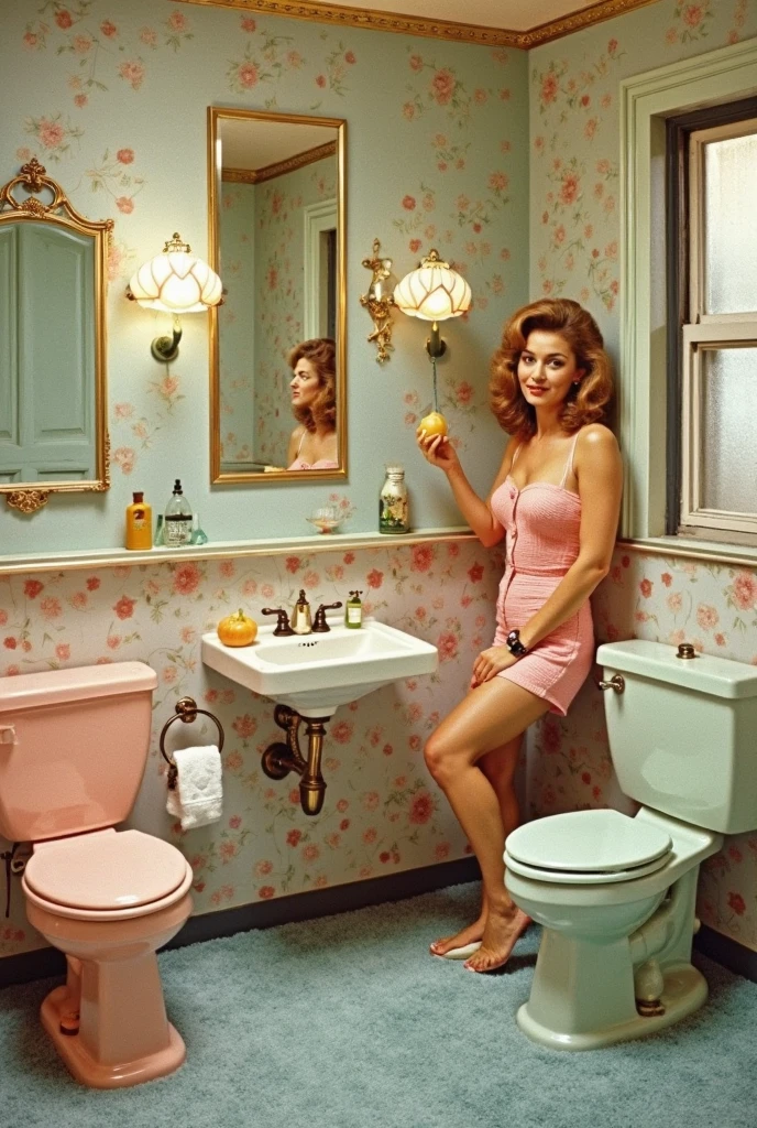 A retro-futuristic black-and-white drawing of a naked woman in a vintage kitchen, with sleek, space-age design elements and futuristic appliances. Dildos of every shape and size are everywhere. Hyper realistic photos