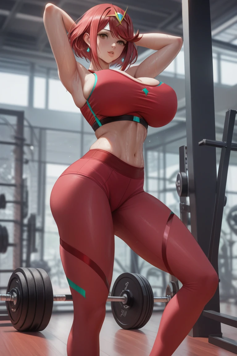 (master piece: 1.1) BREAK (Vados_DB) BREAK mature, (big breasts), ponytail, blue skin, colored skin, (very detailed eyes, pink eyes), big breasts, wide hips, thicc legs, (gym bike shorts, gym top tank), high detailed face, lined face, abs, (high detailed face), handless, hidden arms behind, thick, (big thick legs), posing, sitting, bedroom, (above view), full body,