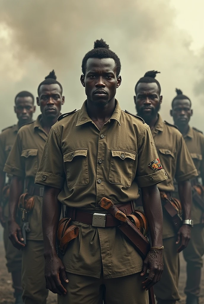 A realistic portrait of black Hitler, posing for a photograph while he is in the middle of an african tribe that is dancing around him in traditional tribal clothers. Hitler is in his classic SS uniform, and the sun is really strong on the African desert, 4K, high quality, masterpiece, best quality, photography