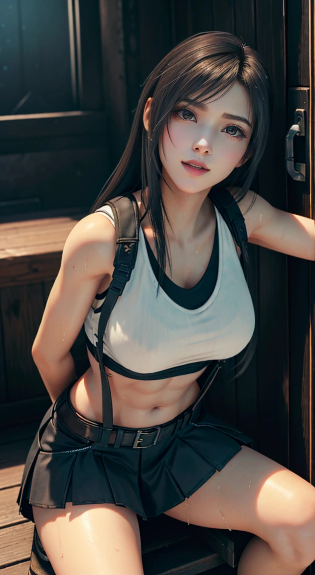 (best quality, ultra-detalhado, Realistic:1.37), Tifa Lockhart, rosto delicado, rosto detalhado, Sweet smile expression, corpo perfeito, Textura ultrarrealista, Retrato, vivid colors, soft lighting