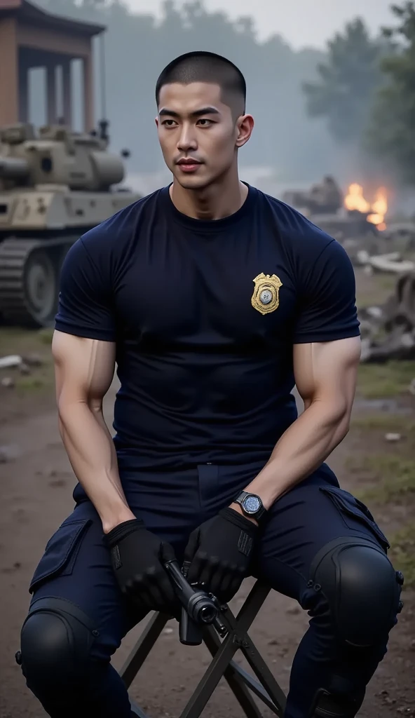(NSTDA.:1.5), (masterpiece: 1.2),(Realistic:1.5),(Post Processing:1.3), (crisp focus:1.3),wide angle, 1 male police officer, Full body, On your knees.., opened mouth, (Blood spatter) ,(Wear a torn navy blue round neck shirt.., with police badge) ,(Torn shirt: 1.3), (Torn shirt: 1.3), Torn shirt, (Abrasions on the body..: 1.3), (Navy Cargo Pants: 1.3), Short Hair Hair, korea ,facial hair, (High shadow detail),Pectoral muscles, Big arm muscles, blood vessel, Big muscles, Wide shoulders, Abrasions on the body.., Abrasions on the face, nighttime , fire truck , Abandoned buildings