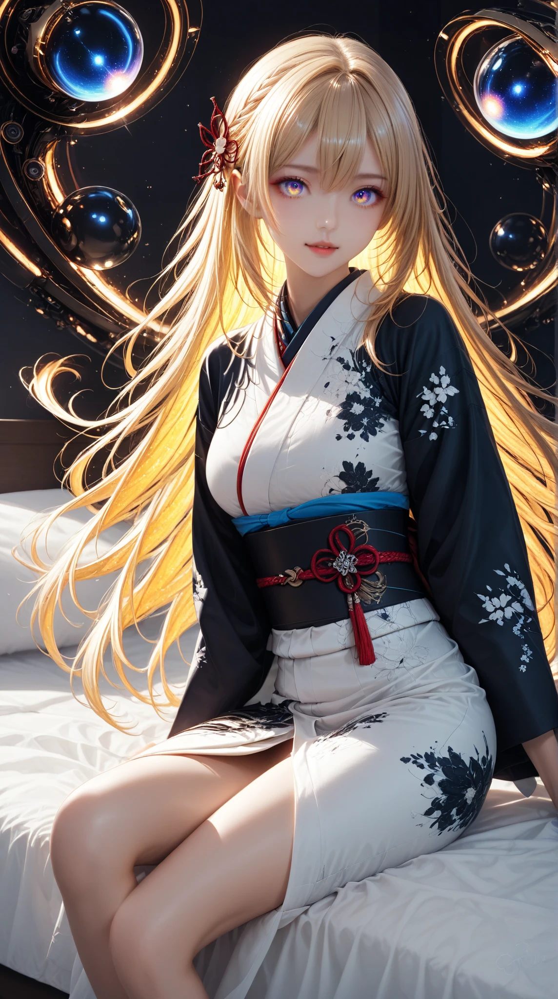 anime, girl one, blonde, red eyes, kamimetsuki, blush, kyoto, moon, hakama, kuichi, ninja, sexy, sitting,