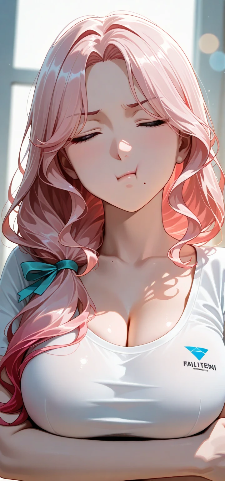 ,pink hair 28 year old girl, earrings , 、Face Real,(Wearing a damp white T-shirt)、Open your mouth wide to the maximum、Sit on the bed、Look straight up and look at us、deep v neck, Cleavage emphasis,(Super large zoom of chest)、no BRA、sexly, dripping on breasts, sweating, licking her lips, (erect nipples), crop top,