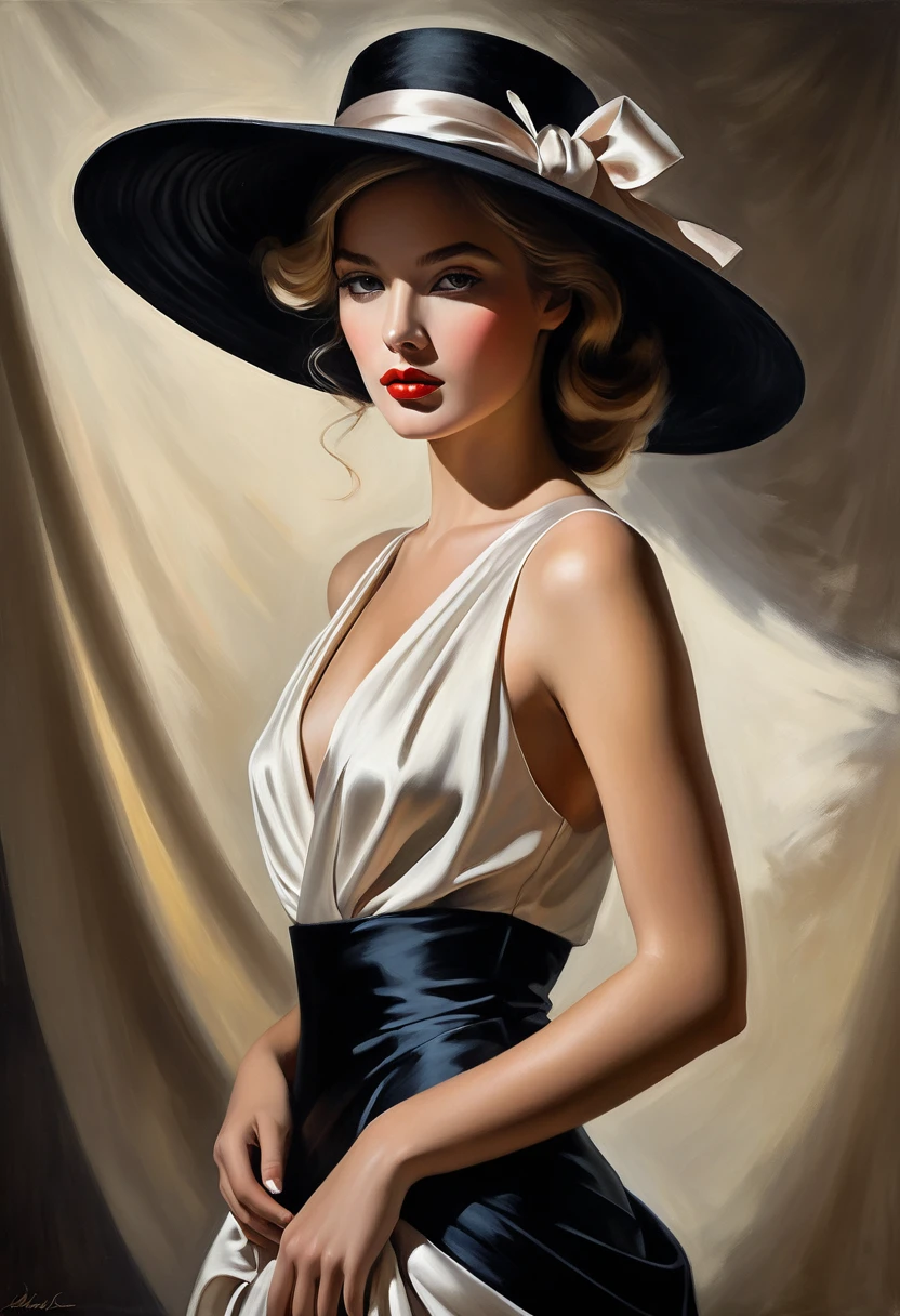 Outlined with black ink,smooth lines,Show the characters' expressions and postures through the contrast of ink shades,The background is minimalist,Emphasis on light, shadow and space。wearing white hat、drawing of woman in black dress, fine art piece, CGSociety's Hot Topics, figurative art, style of Jeremy Mann,fully dressed. sexy painting, Wallop |, Ryan Hewitt, Jeremy Mannart