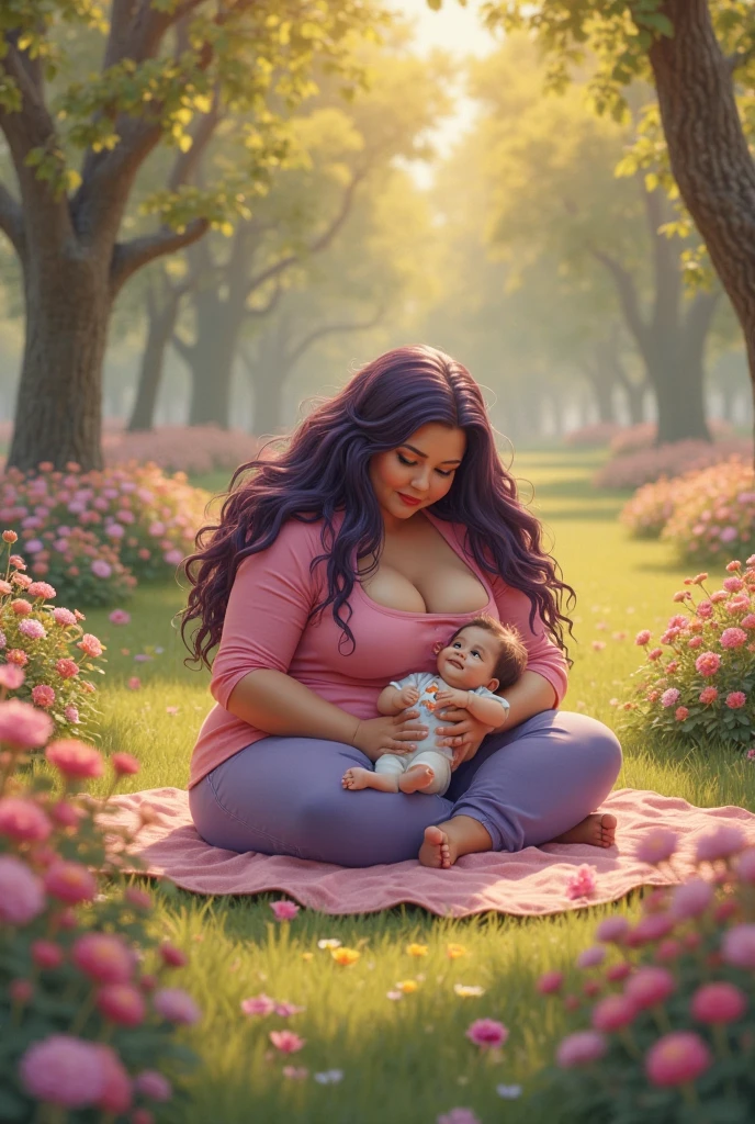 chubby curvy body frame and weight, bottle, (epic realistic:1,1), detailed, cinematic, hyperrealistic, ((intricate details)), detailed eyes, (hdr:1,7), ((intricate details, hyperdetailed)), digital painting, cinematic lighting, in tall long wildflower field, forest in background, green tress, colorful flowers, sun setting over the horizon of the field