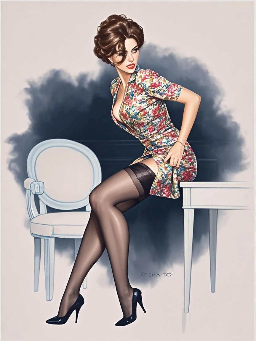 Rolf Armstrong Style full body photo of a lewd lady wearing glasses, with messy hair, nose blush, half-closed eyes, open mouth, lying on her desk, face up, back down, spread her legs, front view, solo <lora:Rolf Armstrong Style:1>