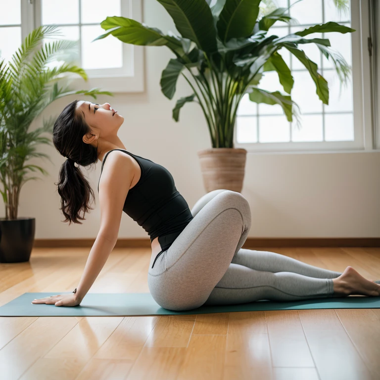 There is a woman doing yoga poses on the floor, けもの, Lying Dynamic Pose, armfold pose!, back arched, natural fragile pose, yoga pose, fully body pose, Poses variadas, Powerful Pose, Full Body Pose, relaxed poses, inspired by Tani Bunchō, Strongest Pose, side pose