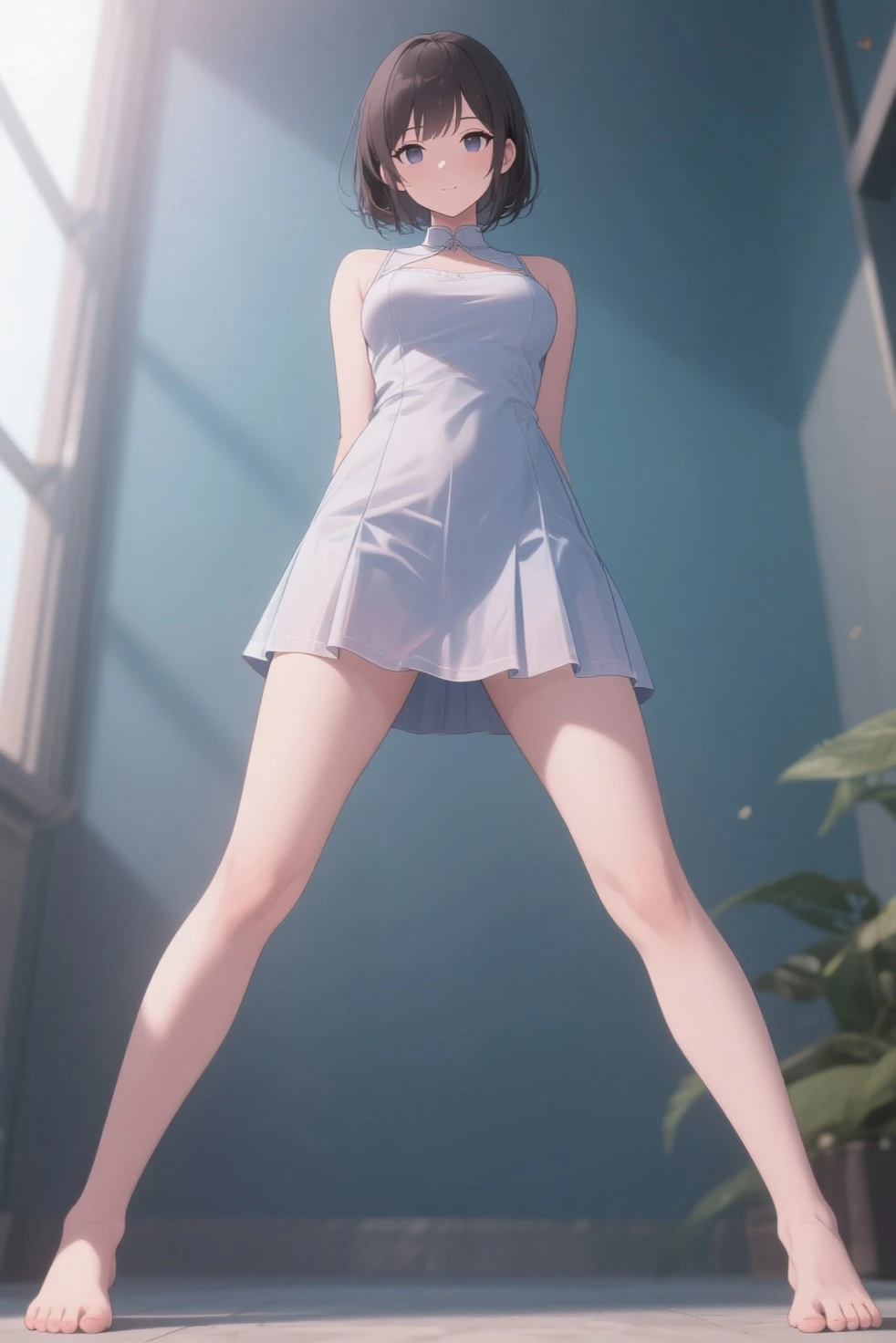 In the dressing room、(Short One Piece Dresses)、Brown Hair、lace panties、(((Open neckline dress)))、(((skirt pull))), Young face、Expressions of anger、1boy, ((Man on all fours, A back view from the shoulders up is shown.))、(((standing footjob))), (((eject cum))), (foot on penis), ((Angle from below))、There are a lot of girl around、