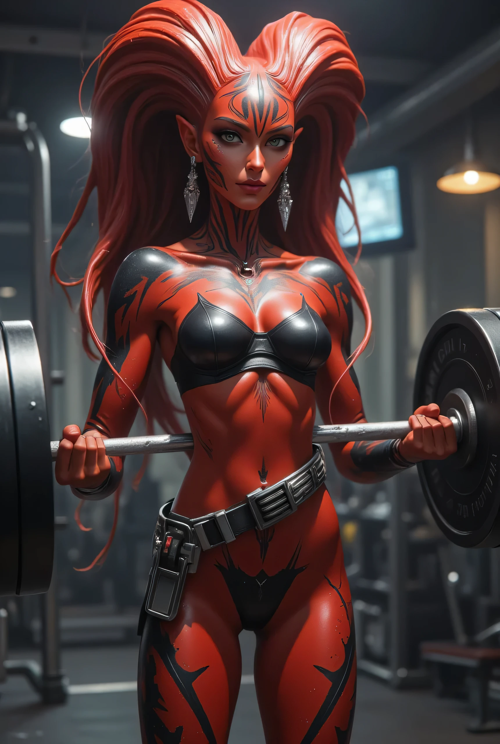 Score_9, score_8_up, score_7_up, ((highest quality)), ((masterpiece)), (be familiar with), Perfect Face, (High definition), (Best Shadow), 8k, cinematic, (Realistic:1.4),dramatic. Full view of Darth Talon (Star Wars character) making weightlifting workout at gym, a beautiful red-skinned woman Twi'lek, with black sith tattoos covering her body, including her head and lekku (two long smooth fleshy appendages are born from her glabrous head that descend snugly behind her entire back until they become small ), perfect anatomy, smiles slyly, wears a small short black leather tunic, combat pose, light from the front.