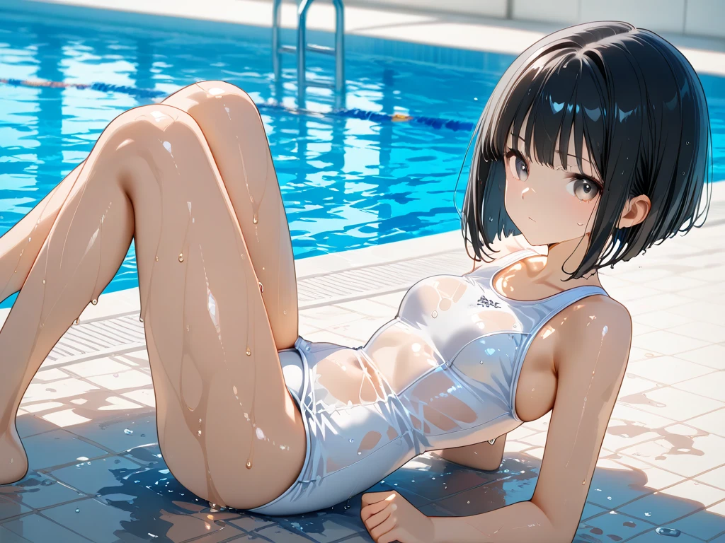 ((beautiful)), ((masterpiece)), ((best quality)), (extremely detailed face), perfect lighting, highres, 8k, wallpaper, backlit, (absurdres), (ultra detailed, 8K, ultra highres:1.2), BREAK, ((panel layout comic:1.4)),closed up crotch and finger, (((masturbating))),((painful expression)), spread legs, knees to chest,(Pee stain on crotch), 16 yo, (embarrassed), black hair, blunt bangs, medium bob hair, half closed eyes, (nudi-ty:1.6),(tiny breasts, flat chest), ((bare breast:1.4)), ((stripped frilled white swimwear)),((outdoor pool))