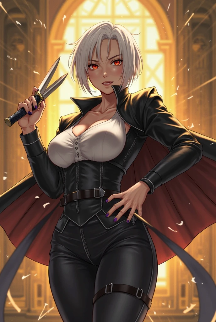 (Beautiful girl.Beautiful white skin.A very muscular, thin body.A well-defined, beautiful six-pack.Sharp eyes.White Hair.Boyish short hair with a center part.I can see your forehead.Beautiful blue eyes.Deep red, intense eye makeup.Dark lipstick.Narrow waist.Very large breasts.Very large breastsの谷間.Beautiful light pink areola.Skin is radiant).(Black leather jacket.Black leather bra with metal accents.Black leather panties.Black long boots with lots of belts.There are lots of piercings.stockings.Uniform cap).(1 Beautiful Girl.Midnight Ruins.I'm walking alone..Her hair is blowing in the wind..Smiling thinly.The eyes are narrowed)Perfect Face.Accurate human body.Accurate five fingers.High resolution.It&#39;s dynamic.Whole body image