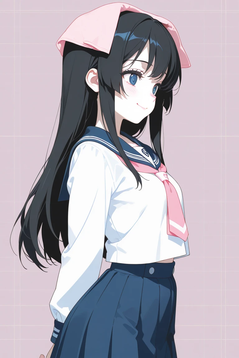 ((masterpiece、highest quality、Super detailed))、One girl、Black Hair、short hair、Wavy Hair、Black eyes、smile、Moderate breasts、((serafuku))、((kirtlift))、((white panties))、Cowboy Shot、(Simple Background:0.3), (Round eyes:0.7)
