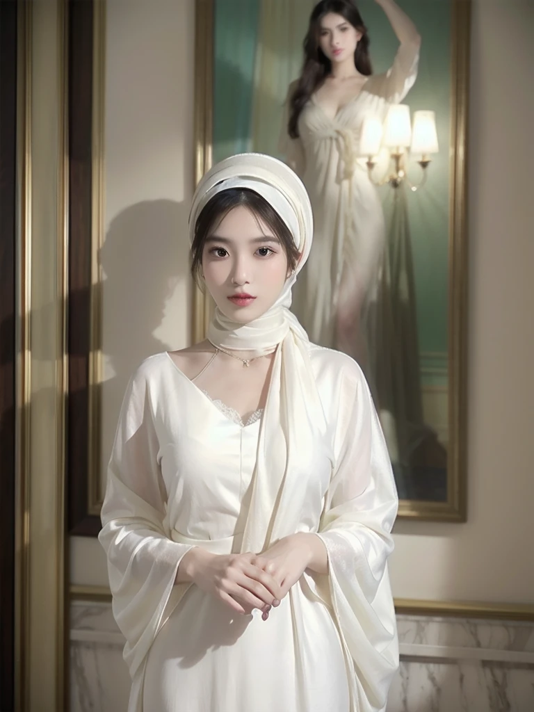 A stylish and elegant young woman wearing hijab from privileged society, her refined features exude sophistication and grace. This exquisite portrait, possibly a beautifully crafted oil painting, showcases her in a flowing gown of luxurious silk, adorned with intricate lace and delicate embroidery. Every meticulous brushstroke captures the essence of opulence, from the shimmering jewels adorning her neck to the intricate updo that perfectly frames her face. The image radiates an aura of wealth and stature, transporting viewers into the glamorous world of high society.