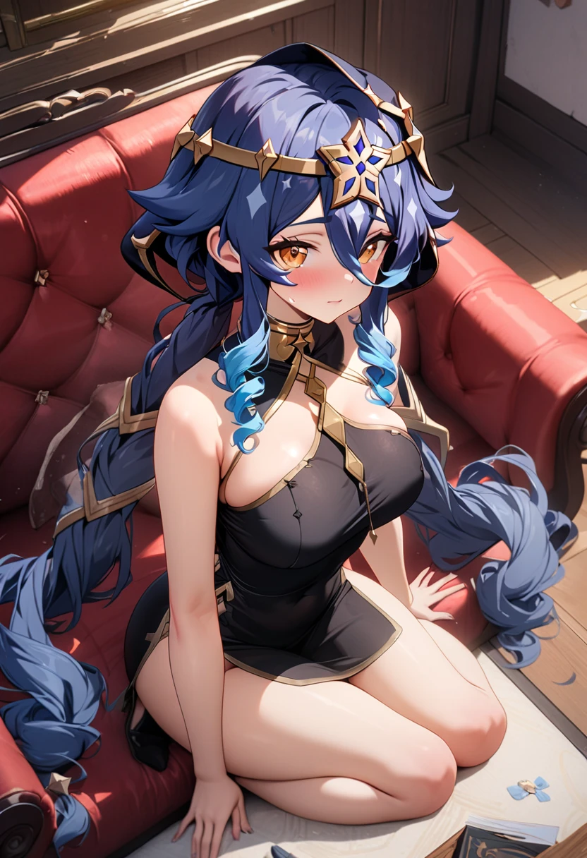 (masterpiece), best quality, expressive eyes, perfect face,Mature female,1 girl (ganyu,Genshin impact),(belly dancer outfit,exposed midriff,topless),royal bedroom background,medium breasts,smile,topless,nipple,slim figure,