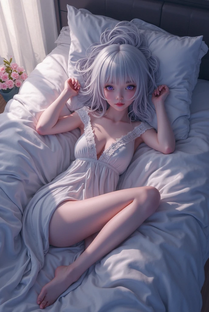 obra de arte, Melhor qualidade,(colorida), (olhos e rosto delicados), volumetric light, rastreamento de raio, papel de parede extremamente detalhado da unidade CG 8k, realista, 1 garota, nudez, messy white hair, olhos roxos, olhos brilhantes, parted lips, corar, corpo em forma, noite, flores, sol, sollight, olhando para o espectador, abdomen, seios pequenos, muitas tatuagens, De baixo, umbigo, low camera angle, anatomia perfeita, cuddling in bed, pernas bem abertas, arms raised, deitado na cama, abaixo do peito, (aura sedutora:1.2)
