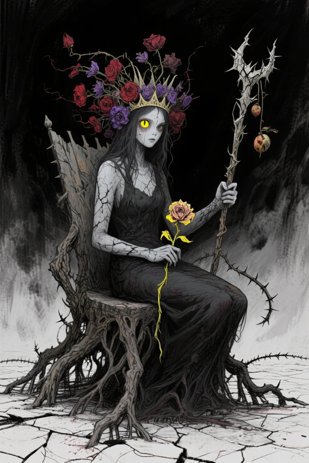(masterpiece:1), (best quality:1),1girl, lower body, (flowers:1.15),armor,(crown:1.25),(spell circle:1.25), (soulless:1.25), (horror:1.25),(soulless:1.25), black theme<lora:S12 V4 1.0_28800:1>