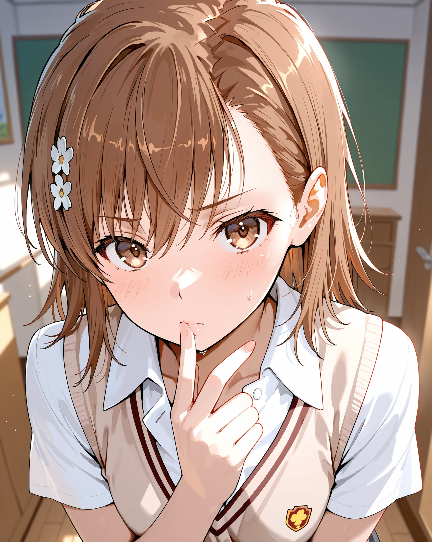 Upper body close-up、One woman,24-years-old,((highest quality)), masterpiece, Ultra-high resolution, 8k,Show anime style , One, Soft Line Art, Digital Enhancement, shojo anime touch, shojo manga core, Flowing fabric, close, Soft Drawing, (Ultra-Definition Digital Anime Art), Clear facial depiction, ((Super detailed girl cartoon character art)), (Ultra-detailed manga style), highest qualityの色, ((Short brown hair)), Beautiful brown hair, (Clear brown eyes), Slightly chubby,Small breasts, Put your hand over your mouth, Upturned eyes, masterpiece、highest quality、Wearing a white off-the-shoulder blouse、smile, (shy:1.2), Sitting、The background is a restaurant、holding a wine glass,Bold composition、The upper body is shown、alone、A close-up of your face