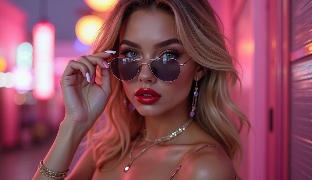 (best quality,highres:1.2),dramatic lighting,portrait,contrast colors,faded tones,bokeh,glamorous makeup,lush red lips,vivid eyes,stunning model,urban background,fashion photography.