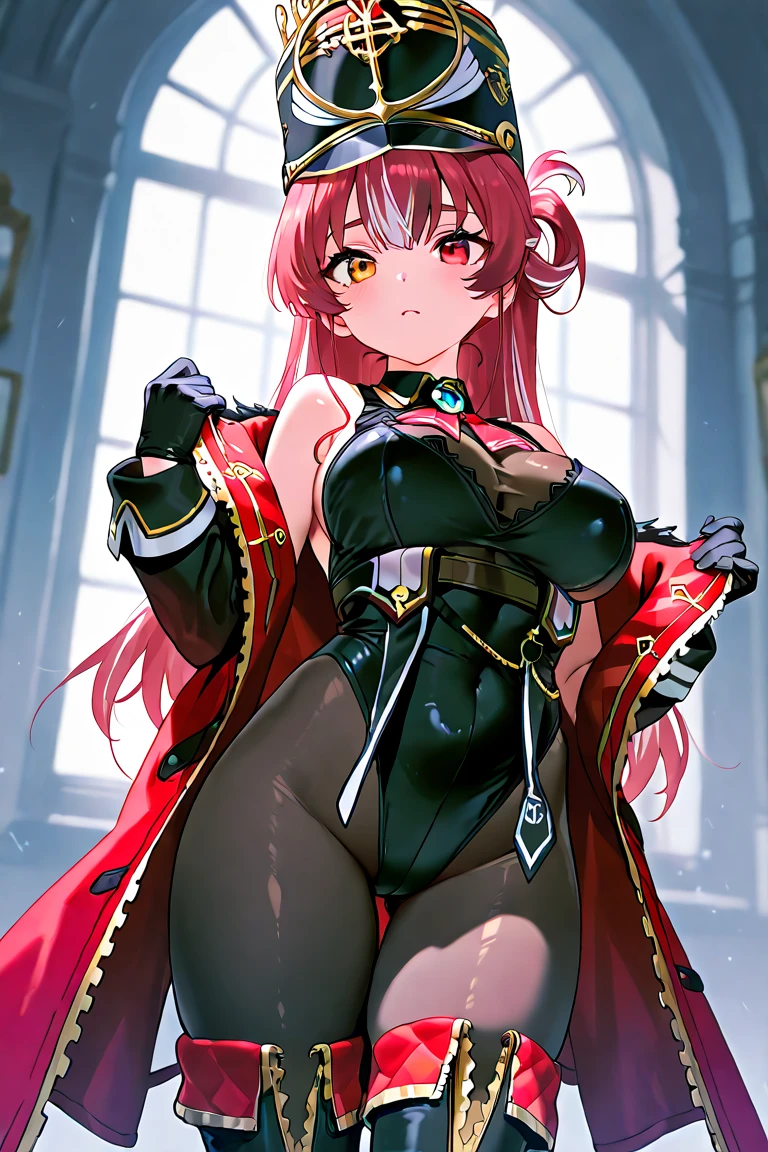 highest quality、complete limbs、full finger、one beautiful woman、beautiful big breasted woman、straight hair woman、(Red-haired woman)、big smile、(Woman knight)、((red high neck leotard:1.3))、(brown pantyhose:1.3)、(((full armor)))、Red cloak、Naughty Poses、in a castle、sit on a chair