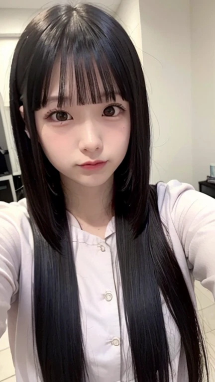 One girl,Ultra high definition,Surrealism,masterpiece,Textured skin,Highest quality,Cute Japanese,Long black hair,At home,Wear a sweatshirt,Look up and see here