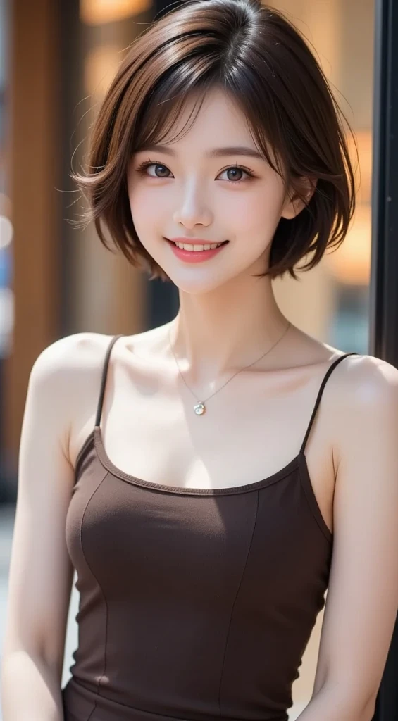 ((8k、Raw photo、highest quality、masterpiece)、(Realistic)、(highest quality)、(Best Shadow)、(Best illustrations)、Young Solo、Intellectual beauty、Perfect Proportions、Sexy、Cafe、solid、The best texture、welcome、Beautiful Skin、Fashionable hairstyles、short hair、Cool and cute、double eyelid、Modeled、Sexy、Japanese、Beauty、she、Laughter、Enjoy the Cafe、Rough clothing、