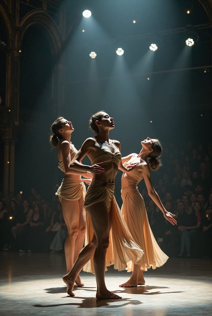 Three pretty, beautiful women perform an intensely synchronized dance in a large hall under a chandelier. The scene is grand and powerful, with dynamic shots capturing the energy and precision of their dance. Lighting includes flashing lights and dramatic color changes to enhance the dramatic effect.