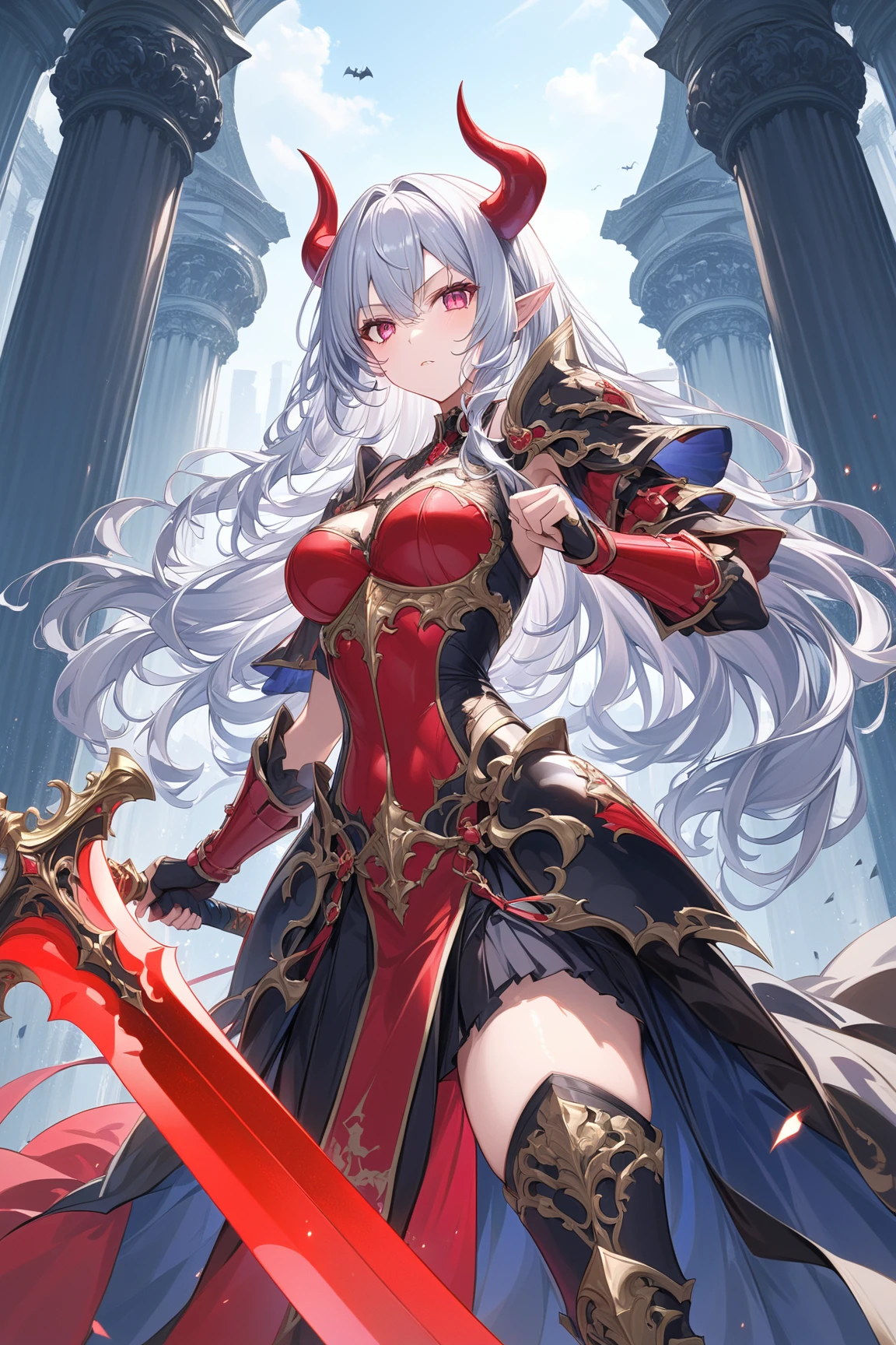 <lora:ringo78:1> ringo78, takanashi ringo, shiny skin, cute, kawaii,
sketch, ultra detailed, masterpiece, best quality, solo, cowboy shot,
frown, 
serious,
1girl, (white eyes:1.1), (grey eyes:1.3), white hair, very long hair, parted hair, parted bangs, <lora:parted_hair_v1.3:1.3>, medium breasts,
valkyrie, (bodysuit:1.1), pink wing hair ornament, grey armored skirt, black bodysuit, armor, gauntlets, pink breastplate, greaves, armored dress, pink hues,