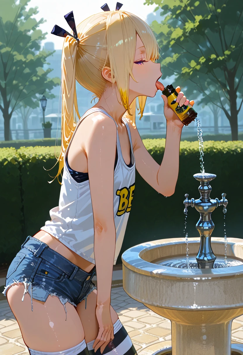 beautiful white slim girl, bottomless, bare legs, barefoot, pee, peeing, t-shirt, lemonade stand, lemonade, massive pee puddle, lemonade glass, happy, smiling, masterpiece, very detailed, detailed skin, pussy, full body, collecting pee